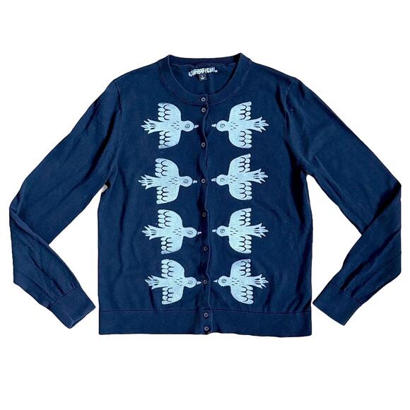 One-of-a-Kind, Hand Printed Cotton Bird Cardigan - Large